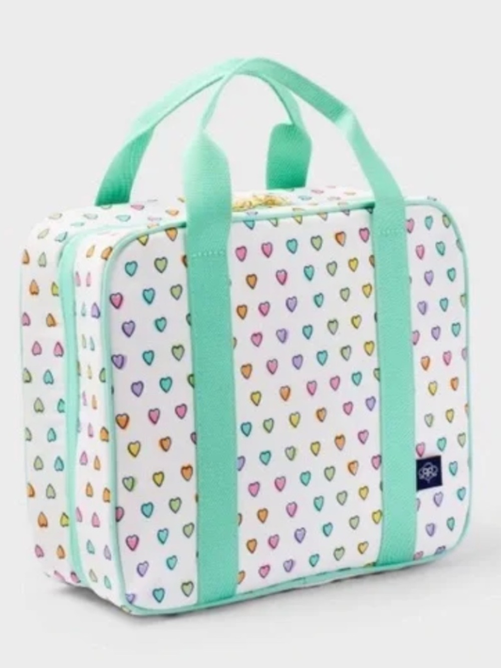 Roller Rabbit White Cosmetic Bag with Mint Handles and Multicolor Heart Print
